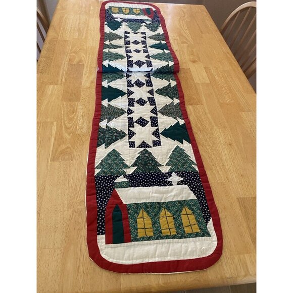 Hand Quilted Christmas Table Runner Home Trees Snowflakes Stars Red Border - Picture 1 of 9